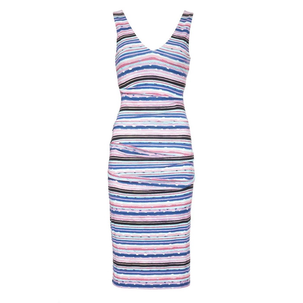 Nicole Miller Collection Wren Dress Size Small Ruched Bodycon Sheath Multi NWT